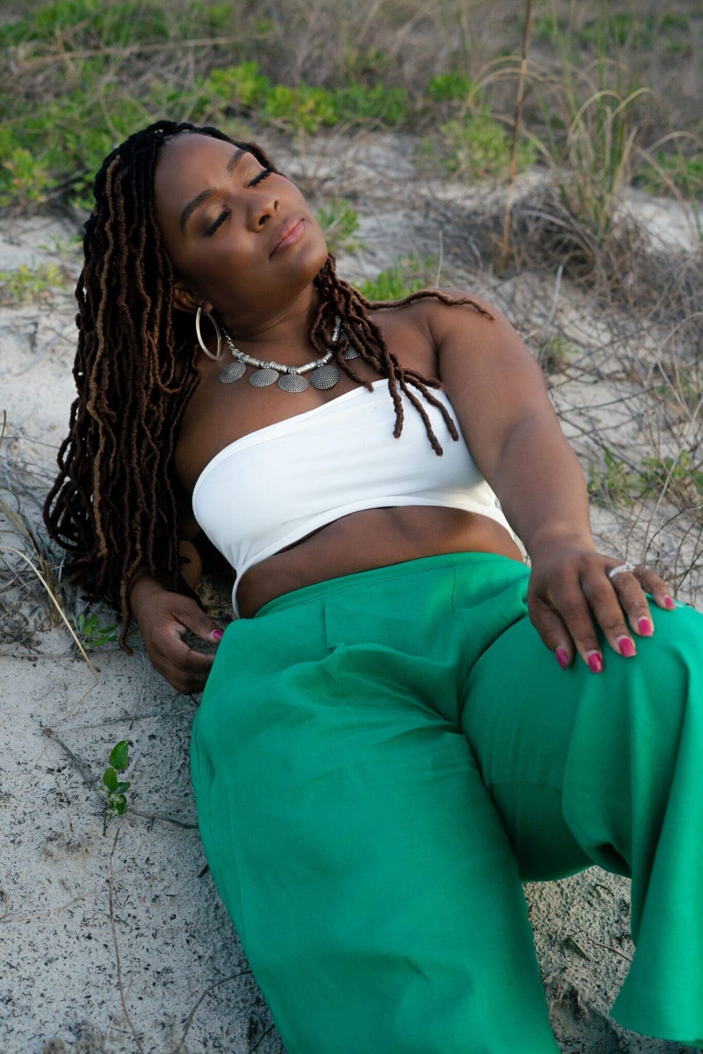 Self-constructed green linen pants for hot weather travel
