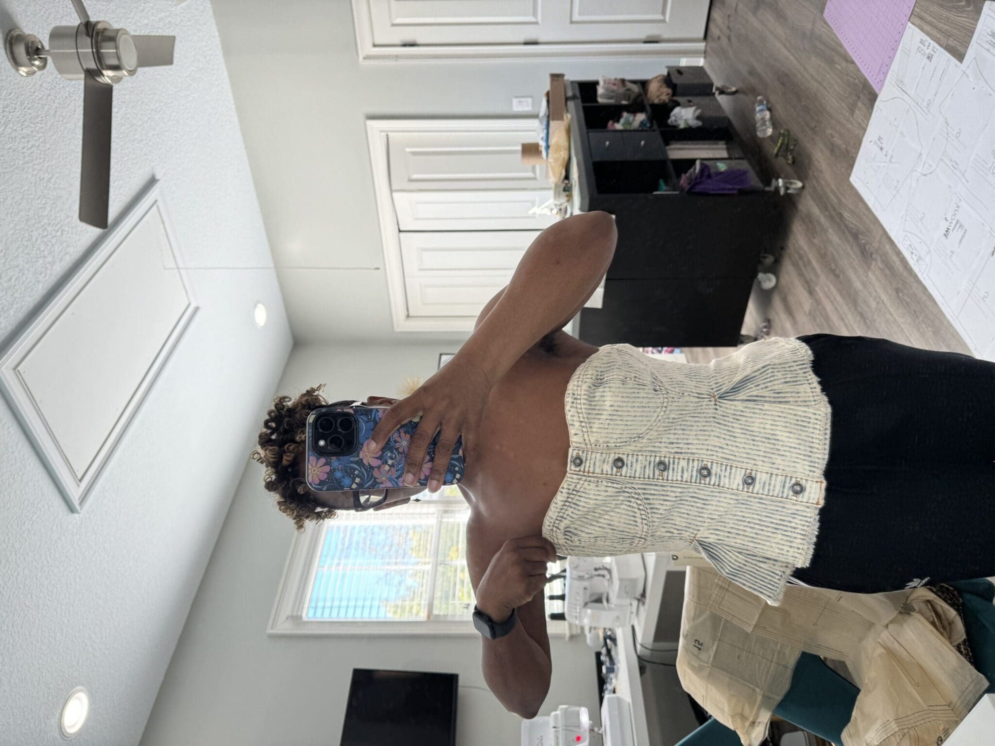 Before alteration - fit evaluation of oversized strapless denim top