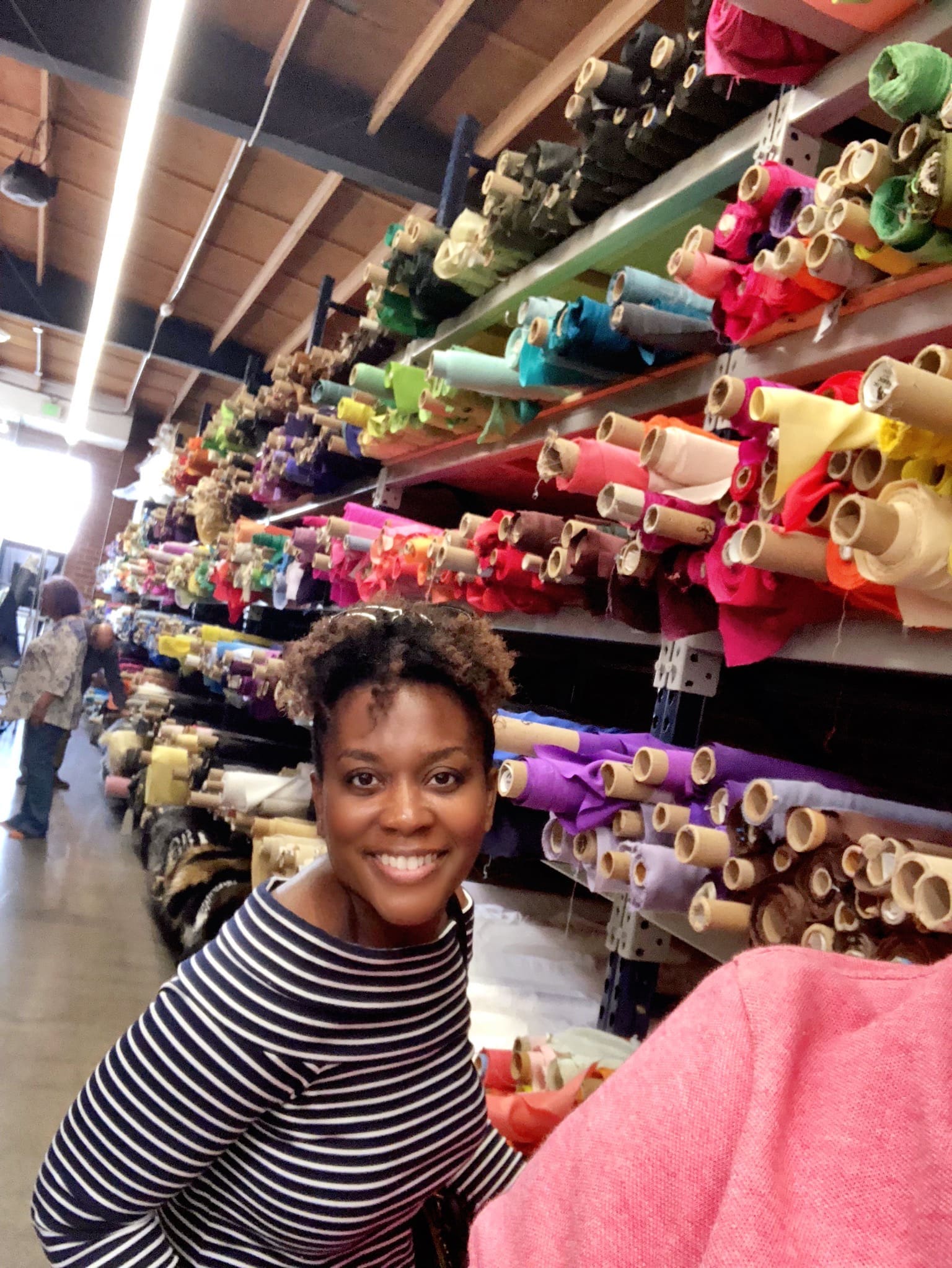 Mood fabric stores review: Shontae of Sewing For My Sanity shopping at Mood Fabrics Los Angeles