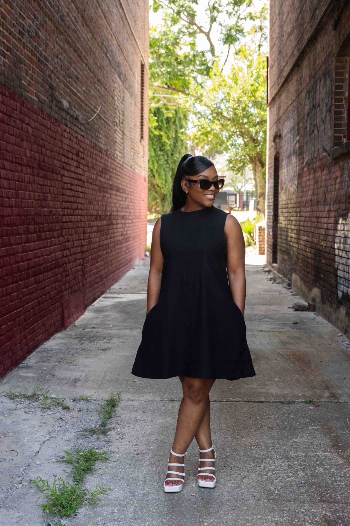 Simplicity 3230 pattern review full length view of black trapeze dress on a petite frame